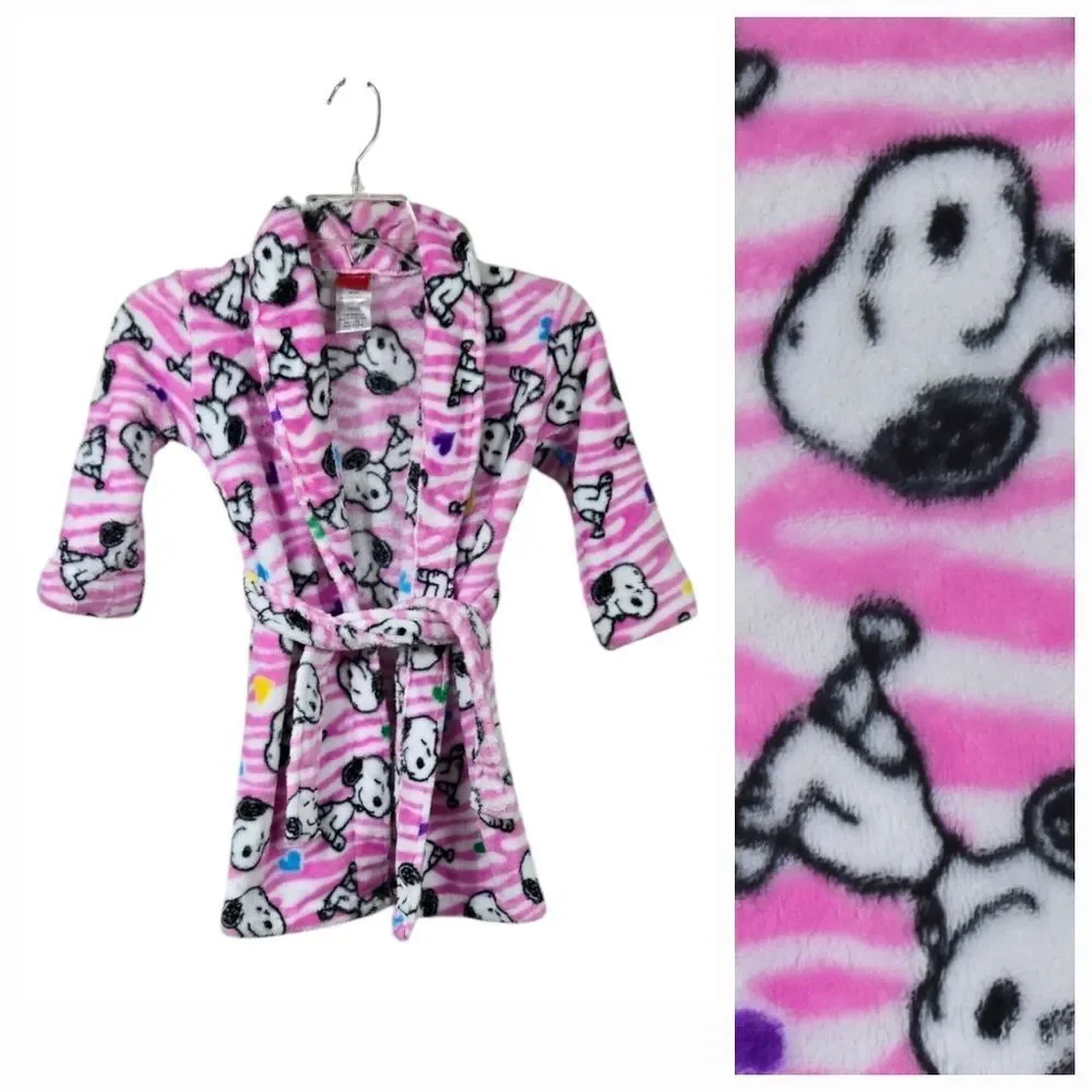 SNOOPY Girls Robe Plush Fleece Pink Striped Bathrobe Belted XS 4/5 Toddler Kids